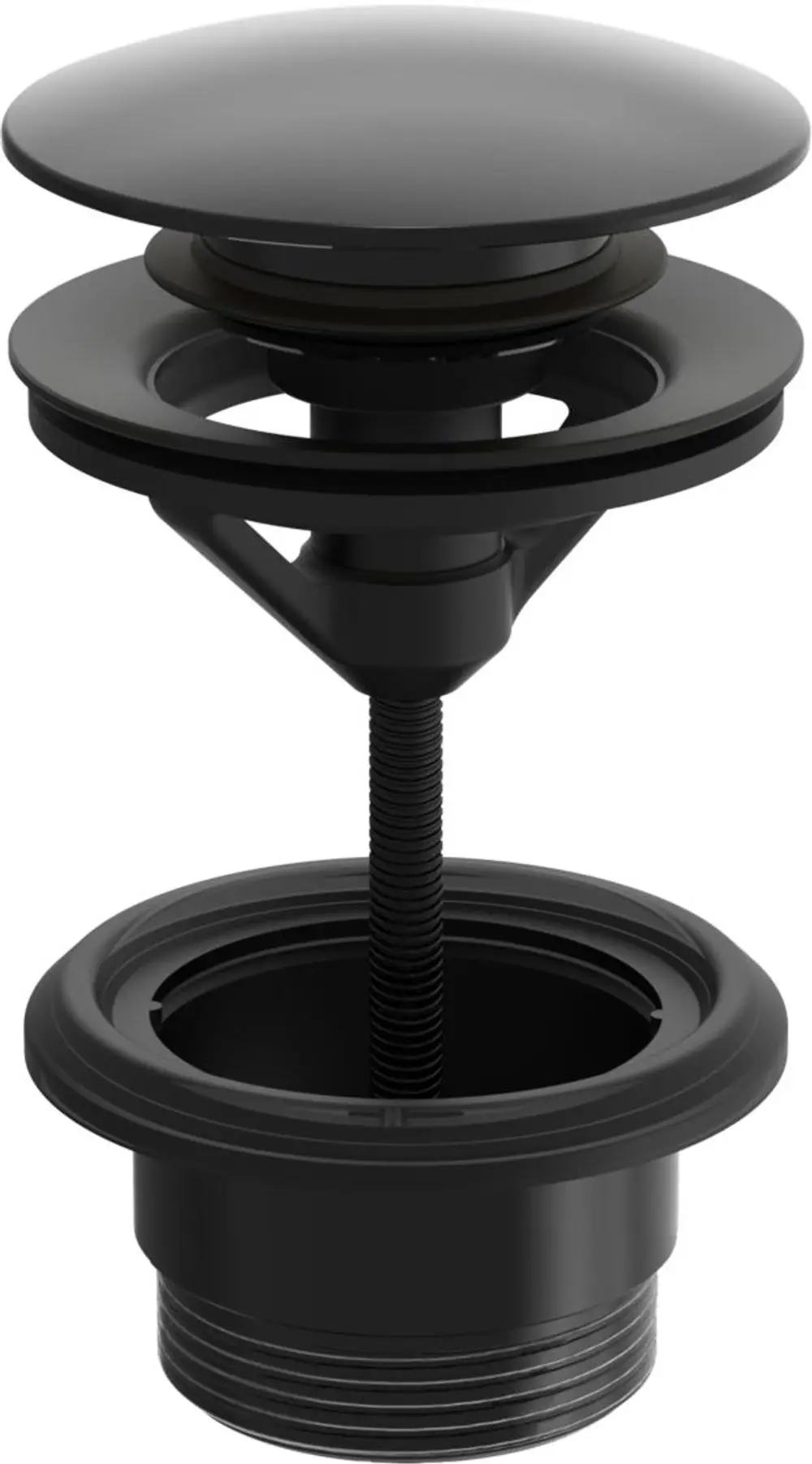 Ablaufgarnitur aus schwarzem Material mit Push-Open-Funktion, bestehend aus verschiedenen Komponenten zur Installation in Waschbecken, hergestellt von HANSA.